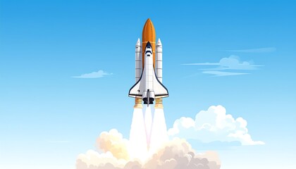 Space shuttle launching into a vibrant blue sky