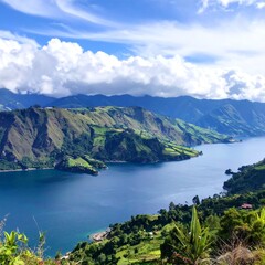 Azure lake nestled in a valley, surrounded by lush green mountains and puffy white clouds.  A breathtaking landscape shot on a sunny day
