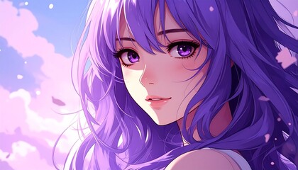 Close-up of anime girl with vibrant purple hair, expressive eyes, and soft blush.  Pastel colors and dreamy sky