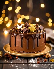 Chocolate cake, drizzled with rich chocolate, decorated with gold stars and chocolate pieces, presented on a gold plate against a dark background with festive lights