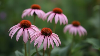 Closeup of vibrant echinacea flowers in full bloom against a green backdrop