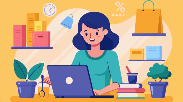 Woman sitting at desk, shopping online using a laptop, A woman shops online using a laptop, Simple and minimalist flat 2d Animation