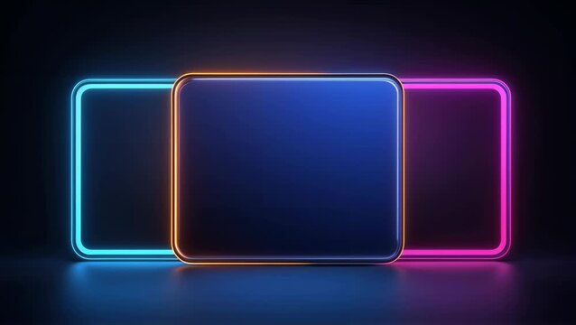 Three glowing neon frames in a seamless animation. Futuristic rectangular borders with changing colors on a dark reflective background. Modern technology template with copy space