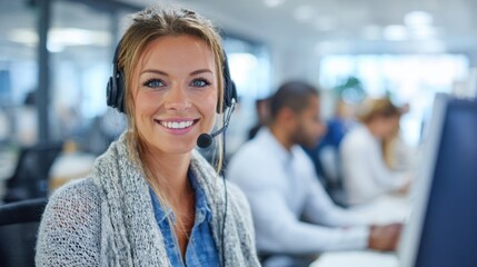 A woman wearing a headset is smiling at the camera. She is a customer service representative. There are other people in the background, but the main focus is on the woman with the headset