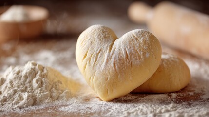 A heart-shaped doughnut sits on a table with flour. The doughnut is surrounded by flour, which suggests that it is in the process of being made. Concept of warmth and comfort
