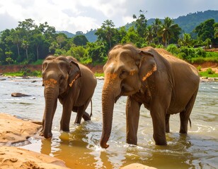 Two elephants wading in a shallow river, lush green jungle backdrop