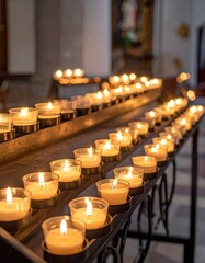 Many small, lit candles in holders, arranged in rows on a dark wooden stand inside a church. Soft light illuminates the scene