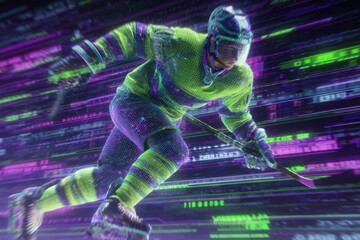 Futuristic Cyberpunk Hockey Player in High-Speed Digital Arena Action