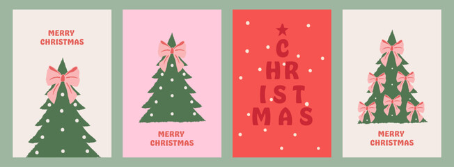 Merry Christmas and New Year greeting card set. Vintage hand-drawn design with an Xmas tree decorated with bows, snowflakes, and typography. Minimal modern vector posters, covers, or holiday banners.