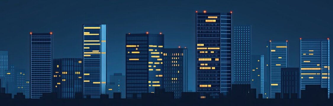 A pixel art cityscape of tall buildings at night