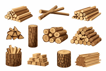 Firewood pile cartoon vector set. Logs bonfire branches sticks forest wood tree burning bundle dry brushwood log trunk, bright illustration isolated on white background