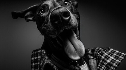 Joyful studio portrait of a happy dog with tongue out and bright expression, captured in black and white, symbolizing energy and personality in fine art pet photography