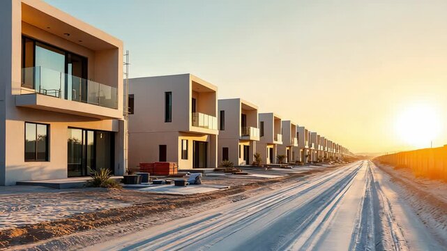 The modern row houses beautifully accentuate the sunset in a desert setting