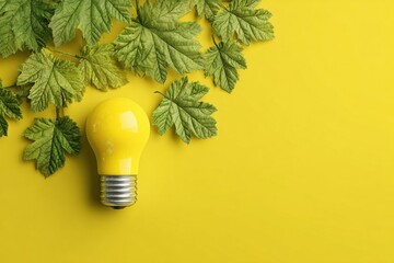 Eco-friendly concept with yellow light bulb and green leaves on yellow background
