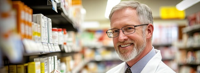 A professional photograph of an American middle-aged male in a white lab coat with a tie, looking at medicine on a shelf inside a pharmacy store