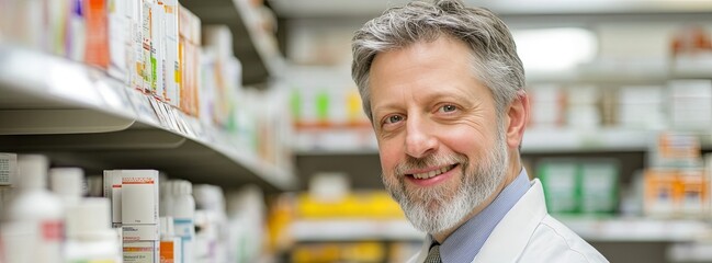 A professional photograph of an American middle-aged male in a white lab coat with a tie, looking at medicine on a shelf inside a pharmacy store