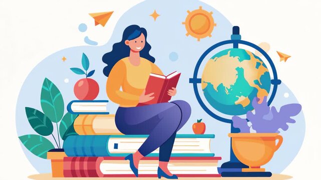 A woman seated on a stack of books, engrossed in reading a book of knowledge beside a globe, A woman sits on books a globe and a book of knowledge, Simple and minimalist flat 2d Animation