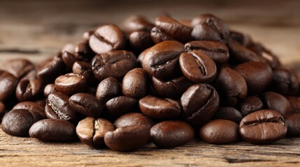 Fototapeta premium A pile of coffee beans on a wooden table. The beans are of different sizes and shapes, and they are spread out in a pile. Concept of abundance and variety