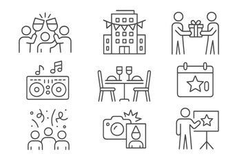 Set of 9 thin line editable icons for year-end corporate and social parties, including teamwork celebrations, awards, dinners, and gifts.