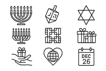 Collection of 9 linear icons about global holiday traditions, featuring candles, stars, cultural unity, and festive gift exchanges.