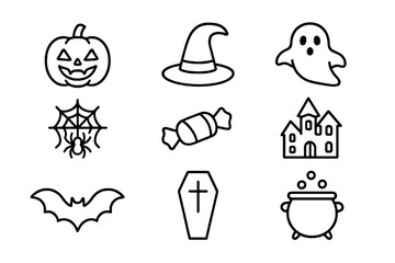 Collection of 9 linear icons celebrating October holidays, featuring witches, cauldrons, spiders, and Halloween symbols.