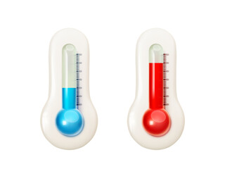 Realistic glass 3d thermometer icons. Blue and red thermometers with different levels cold and hot temperature isolated on white background. Climate element for weather forecast. Vector illustration