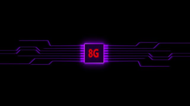 Futuristic 8G Microchip with Glowing Purple Circuitry on Black Background processor circuit board