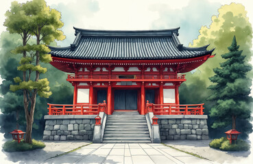 Watercolor illustration of red Japanese temple. Traditional Shinto shrine building with dark roof, stone steps, foundation. Green trees flank ancient religious structure. Peaceful Asian travel