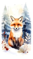 Cute fox in winter forest scene. Watercolor style