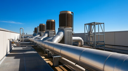 Rooftop HVAC System: A series of air handling units and ductwork on a building rooftop set against a clear blue sky, indicating commercial or industrial climate control.