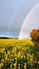 Double rainbow arches over a vibrant yellow rapeseed field