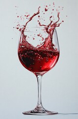 A realistic oil painting depicting a red wine glass with red liquid splashing upwards against a white background