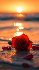 A red rose lies on the beach, and its petals have fallen to one side of it
