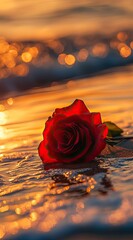 A red rose lies on the beach, and its petals have fallen to one side of it