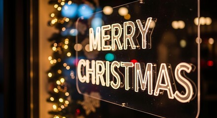 Merry Christmas neon sign with festive lights and tree background
