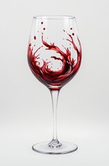 A red wine glass with red liquid splashing upwards against a white background