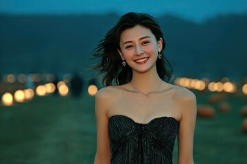 Smiling woman in elegant dress surrounded by glowing lanterns at