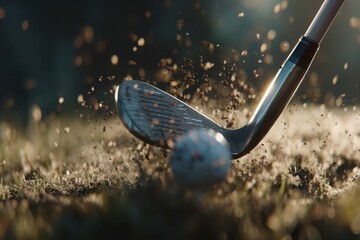 Close-Up Golf Club Hitting Ball in Motion with Flying Dirt Particles