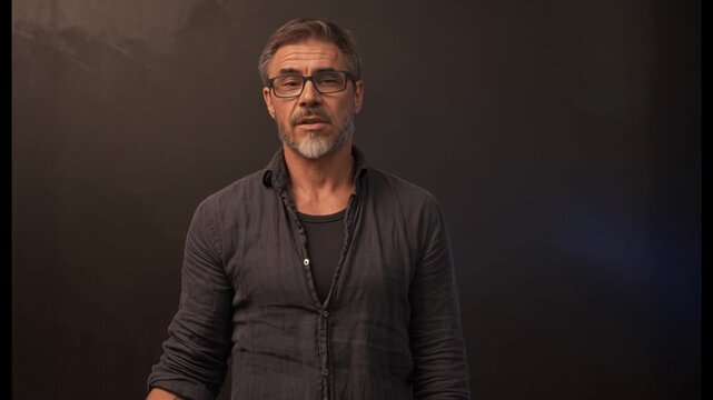 Handsome middle-aged man with gray hair and goatee beard wearing glasses and casual cloth, looking confidently at camera with serious expression against dark background in studio setting.