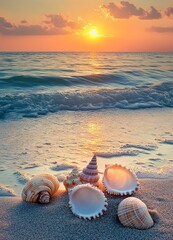 A serene beach scene with seashells scattered on the sand, overlooking an ocean with gentle waves and a colorful sunset sky