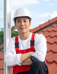 Smiling worker in red overalls and white helmet sits on a rooftop