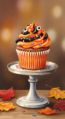 Halloween cupcake with orange frosting and sprinkles on display stand  