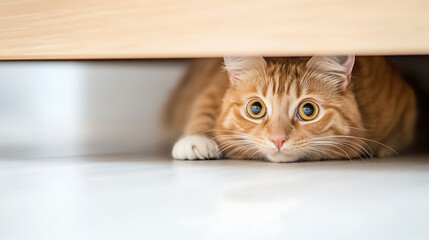 Ginger cat peeking out from under furniture, showcasing playful curiosity and feline charm in a cozy home setting. Pet photography and home decor.
