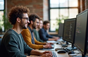 Group of smiling men work on computers in modern office. Developers code websites, software. Programmers focus on tech projects, create digital solutions. Team collaborates, builds innovation.