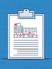 A simple, flat vector image of a white clipboard with red line-drawn heartbeat lines and an icon 