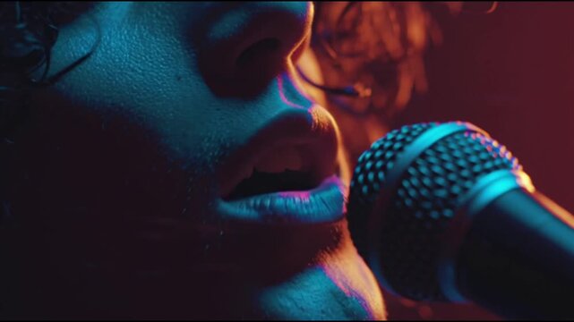 A cinematic close-up shot capturing the intensity and passion of a person singing karaoke, focusing on the singer&rsquo;s mouth and microphone with dramatic lighting, energy, and emotion in every frame