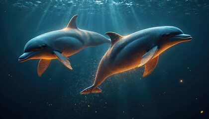 Fototapeta premium Two dolphins swim deep underwater in blue sea. Sun rays penetrate water surface creating magical glow on animal bodies. They move in unison gracefully.