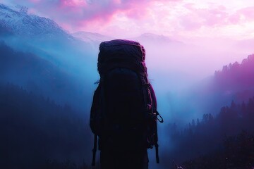 Silhouette of hiker with backpack against colorful misty landsca