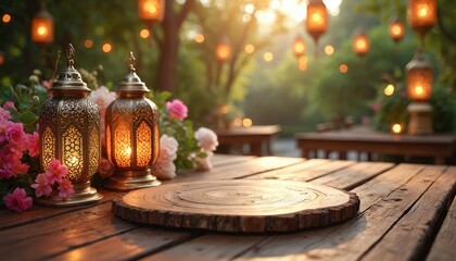 Ornate metal lanterns and pink flowers rest on a wooden table outdoors. Soft light filters through trees and hanging lamps, creating a warm, festive atmosphere.