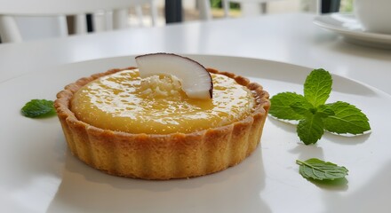 Close up of a coconut tart with a slice of coconut and mint leaves on a white plate in a bright setting
